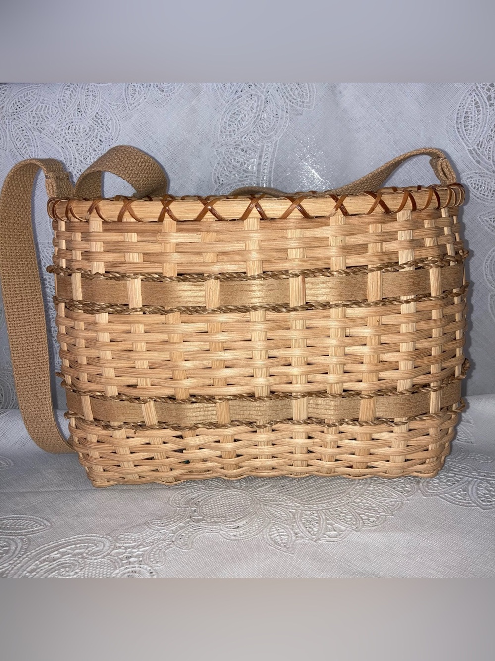 Handwoven Straw Crossbody Bag - Natural Tan Signed
